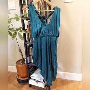 Laila Azhar teal, v-neck silk cocktail dress